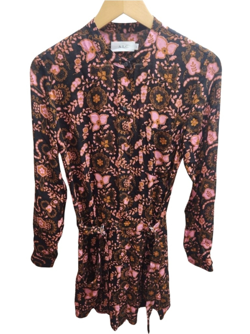 A.L.C. Liza 100% Silk Mini Dress Black Pink Multi Floral Shirt Dress EUC Size 0 - Picture 4 of 8